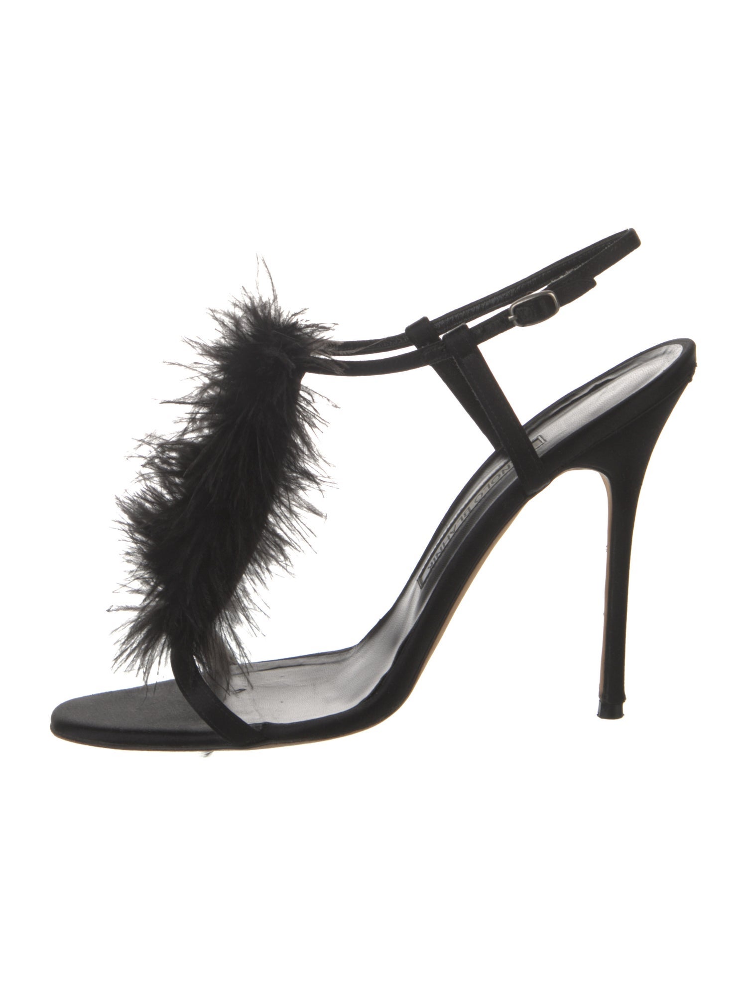 Manolo Blahnik Satin Feather Trim Slingback Sandals